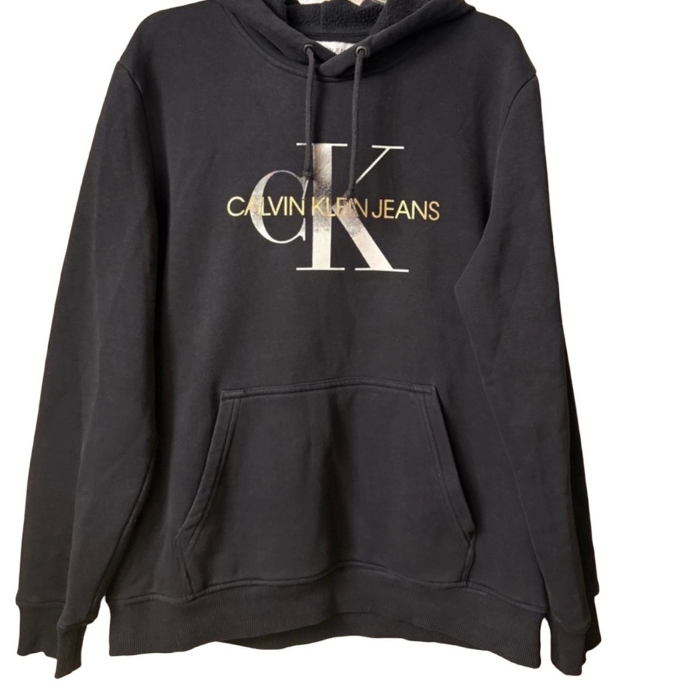Calvin Klein Jeans Black Hoodie Pullover Sweatshirt Gold Metallic Logo Large